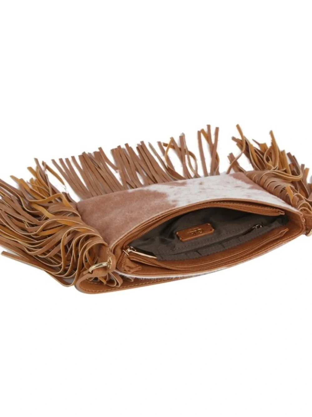 Fringed Calf Hair Cow Printed Crossbody Bag in Cream & Brown w/ Black Strap